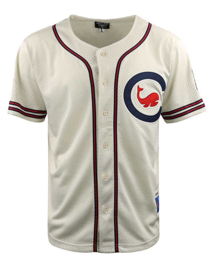 The EFF Chicago Whales DNA Replica Button-Up Mesh Jersey features a cream base with navy and red trim, a large circular left-chest logo with a red bear, striped cuffs, and buttons for classic Wrigley Field style.