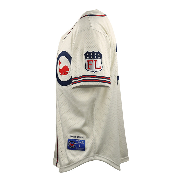 Side view of the Chicago Whales EFF DNA Replica Button-Up Mesh Jersey by EFF, white with red and blue trim, featuring a Federal League logo patch on the sleeve and a label near the bottom hem.