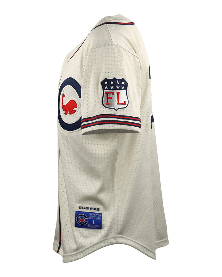 Side view of the Chicago Whales EFF DNA Replica Button-Up Mesh Jersey by EFF, white with red and blue trim, featuring a Federal League logo patch on the sleeve and a label near the bottom hem.