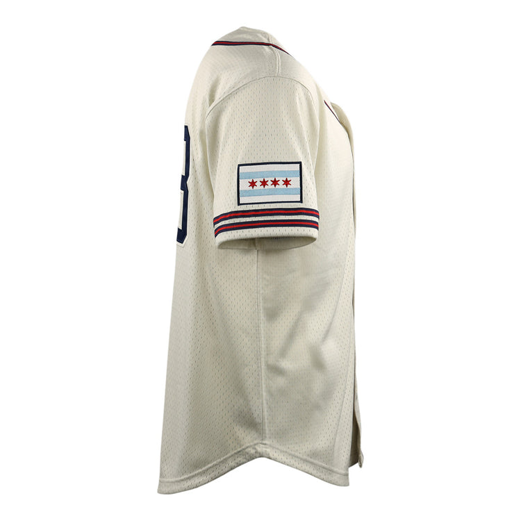 Side view of the EFF Chicago Whales DNA Replica Button-Up Mesh Jersey in cream, featuring a Chicago flag patch on the left sleeve and a partially visible number 8 on the back, inspired by the Federal League team.