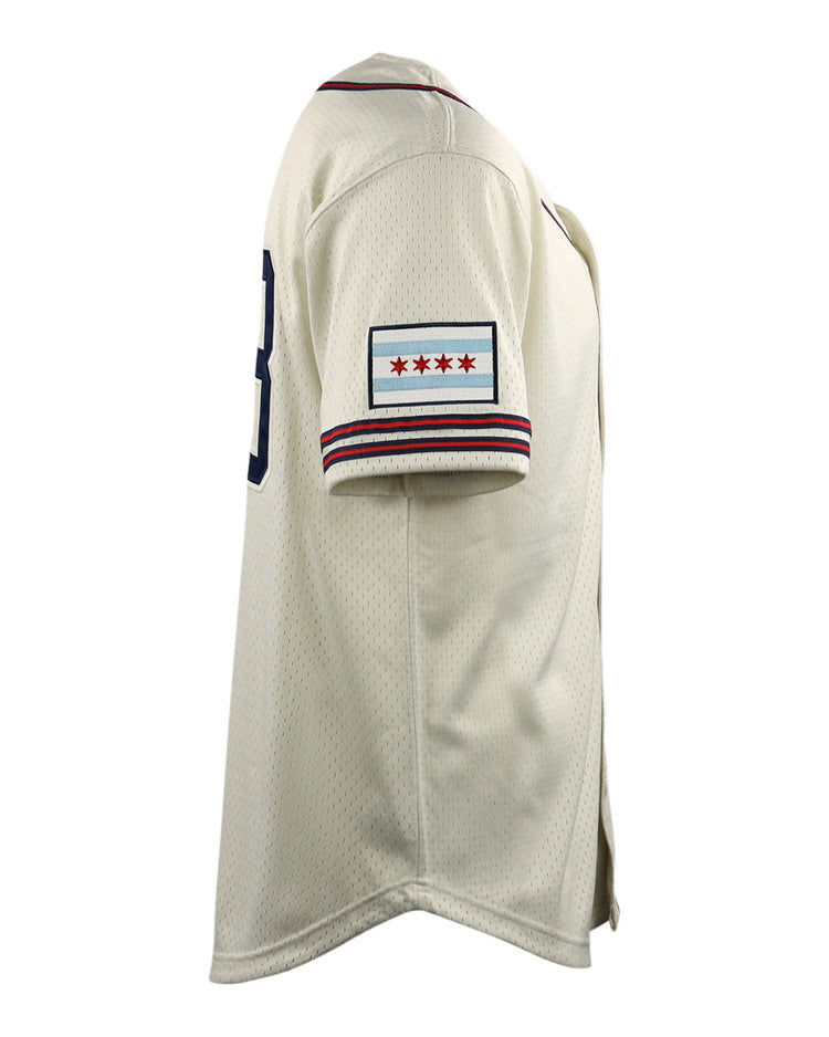 Side view of the EFF Chicago Whales DNA Replica Button-Up Mesh Jersey in cream, featuring a Chicago flag patch on the left sleeve and a partially visible number 8 on the back, inspired by the Federal League team.