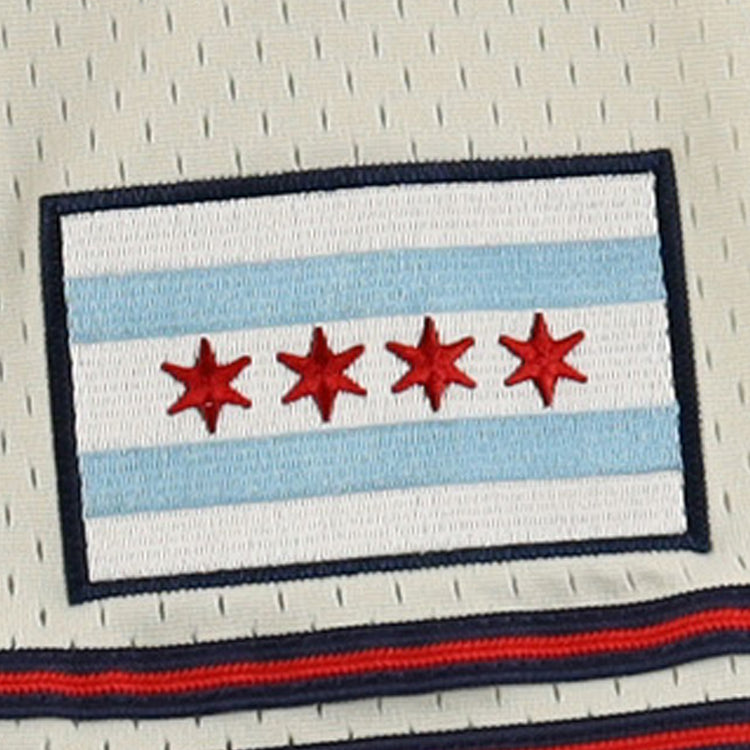 The EFF Chicago Whales DNA Replica Button-Up Mesh Jersey features a rectangular patch of the Chicago city flag—white background, two light blue stripes, four red six-pointed stars—honoring the Whales’ Wrigley Field history in the Federal League era.