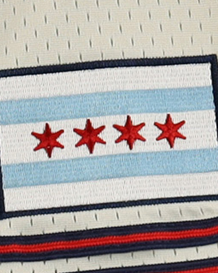 The EFF Chicago Whales DNA Replica Button-Up Mesh Jersey features a rectangular patch of the Chicago city flag—white background, two light blue stripes, four red six-pointed stars—honoring the Whales’ Wrigley Field history in the Federal League era.