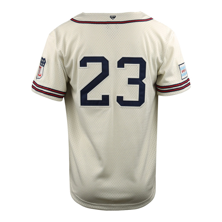 The EFF Chicago Whales EFF DNA Replica Button-Up Mesh Jersey is cream, features navy 23 on the back, red and navy sleeve stripes, and two patches, including one honoring the historic Chicago Whales of Wrigley Field.