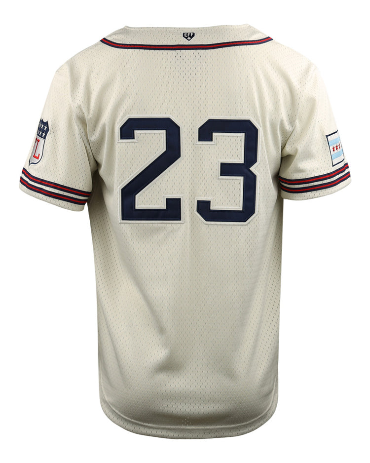 The EFF Chicago Whales EFF DNA Replica Button-Up Mesh Jersey is cream, features navy 23 on the back, red and navy sleeve stripes, and two patches, including one honoring the historic Chicago Whales of Wrigley Field.