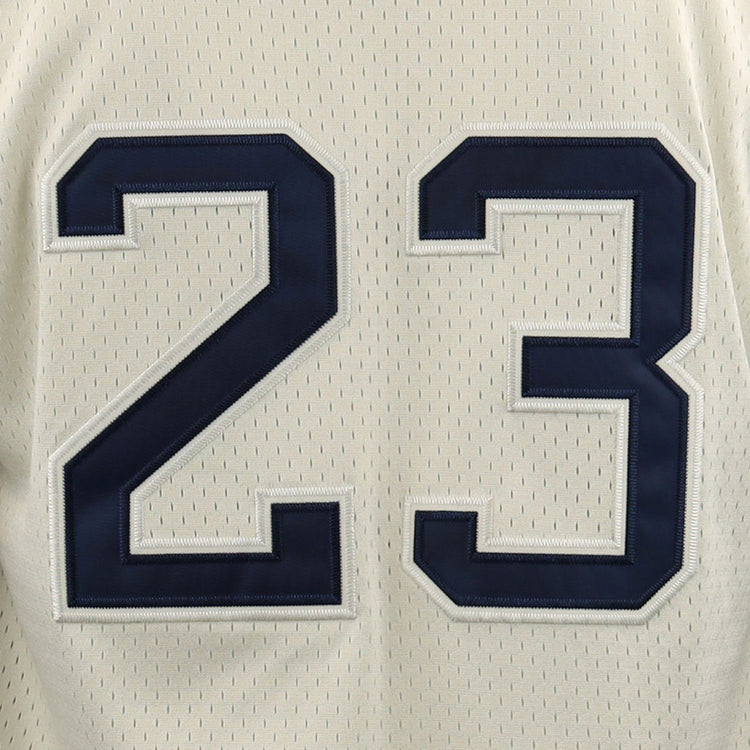 A close-up of the Chicago Whales EFF DNA Replica Button-Up Mesh Jersey by EFF, showing the white back with large dark blue-outlined number 23, inspired by the teams Federal League era at Wrigley Field.