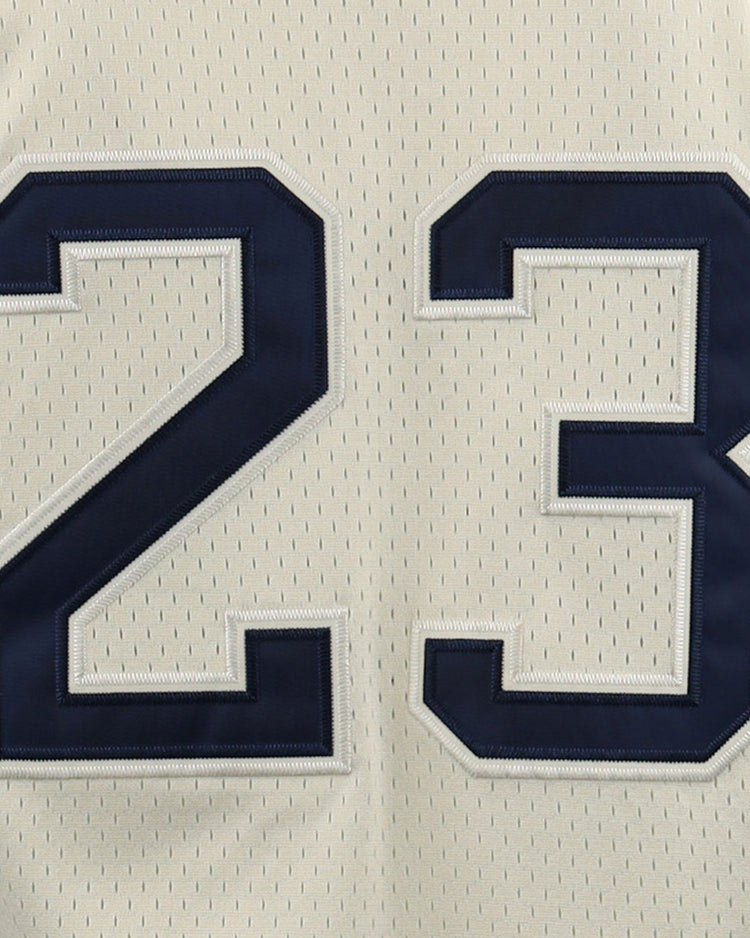 A close-up of the Chicago Whales EFF DNA Replica Button-Up Mesh Jersey by EFF, showing the white back with large dark blue-outlined number 23, inspired by the teams Federal League era at Wrigley Field.