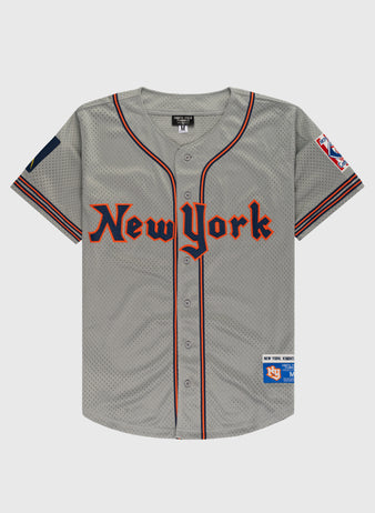 The EFF New York Knights Mesh Button-Up Baseball Jersey features New York in red and black, sleeve patches—including a Mets logo—and black/red sleeve stripes, inspired by The Naturals iconic uniform.