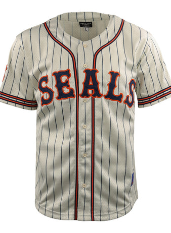 The EFF San Francisco Seals DNA Replica Button-Up Mesh Jersey features vintage-inspired blue pinstripes, red and blue sleeve trim, and bold SEALS lettering—a classic tribute to the historic team.