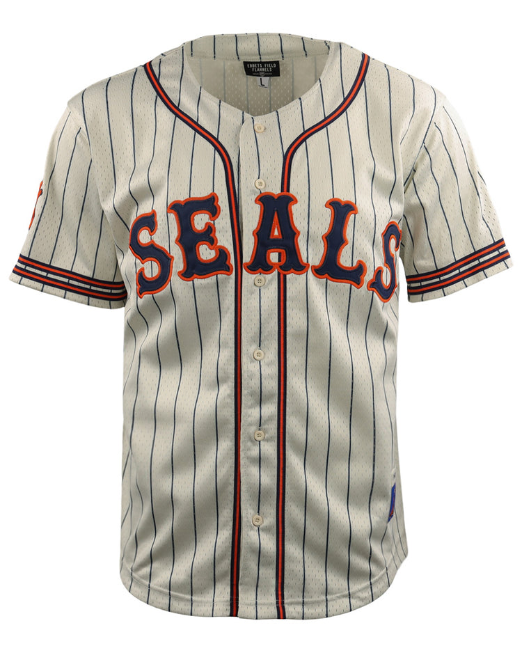 The EFF San Francisco Seals DNA Replica Button-Up Mesh Jersey features vintage-inspired blue pinstripes, red and blue sleeve trim, and bold SEALS lettering—a classic tribute to the historic team.