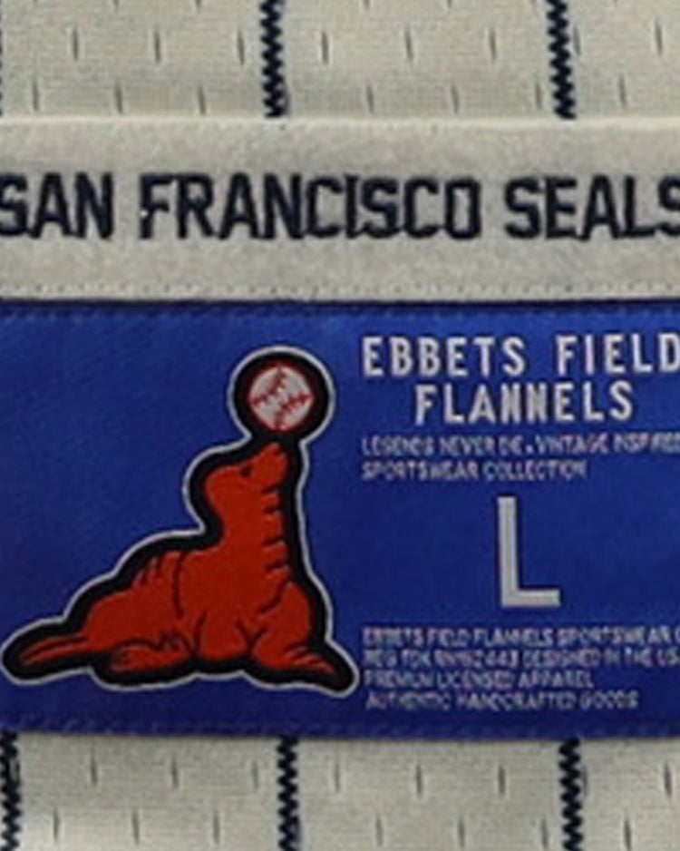 A close-up of the EFF San Francisco Seals DNA Replica Button-Up Mesh Jersey label shows a red seal balancing a baseball, with Ebbets Field Flannels branding and size L, set against a blue background.