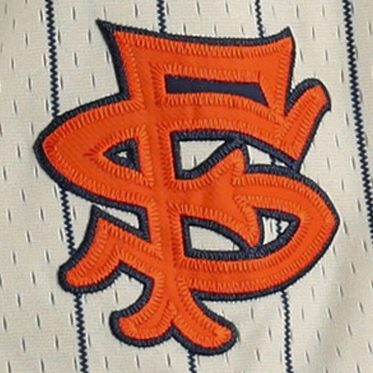 Orange, intertwined SF letters outlined in black are stitched onto white pinstriped mesh, echoing the classic San Francisco Seals logo on the EFF San Francisco Seals DNA Replica Button-Up Mesh Jersey—perfect for vintage style.
