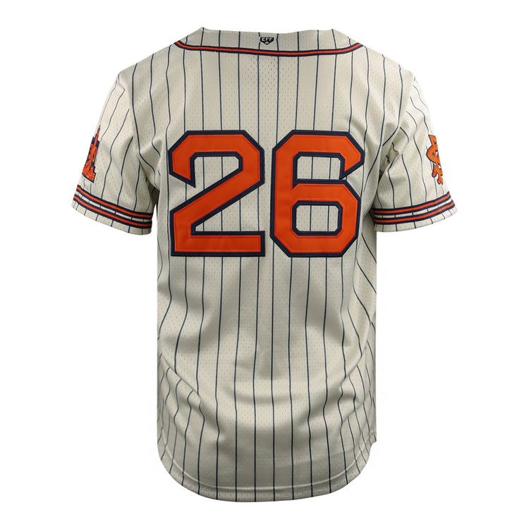 Back view of the EFF San Francisco Seals DNA Replica Button-Up Mesh Jersey, with blue pinstripes, orange #26, red and blue sleeve stripes, and an orange logo patch on the left sleeve.