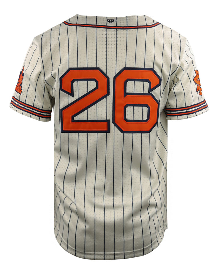 Back view of the EFF San Francisco Seals DNA Replica Button-Up Mesh Jersey, with blue pinstripes, orange #26, red and blue sleeve stripes, and an orange logo patch on the left sleeve.