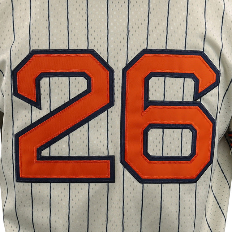 The EFF San Francisco Seals EFF DNA Replica Button-Up Mesh Jersey features a light gray pinstripe design, vintage-inspired by classic Seals jerseys, with a large orange number 26 outlined in navy on the back.