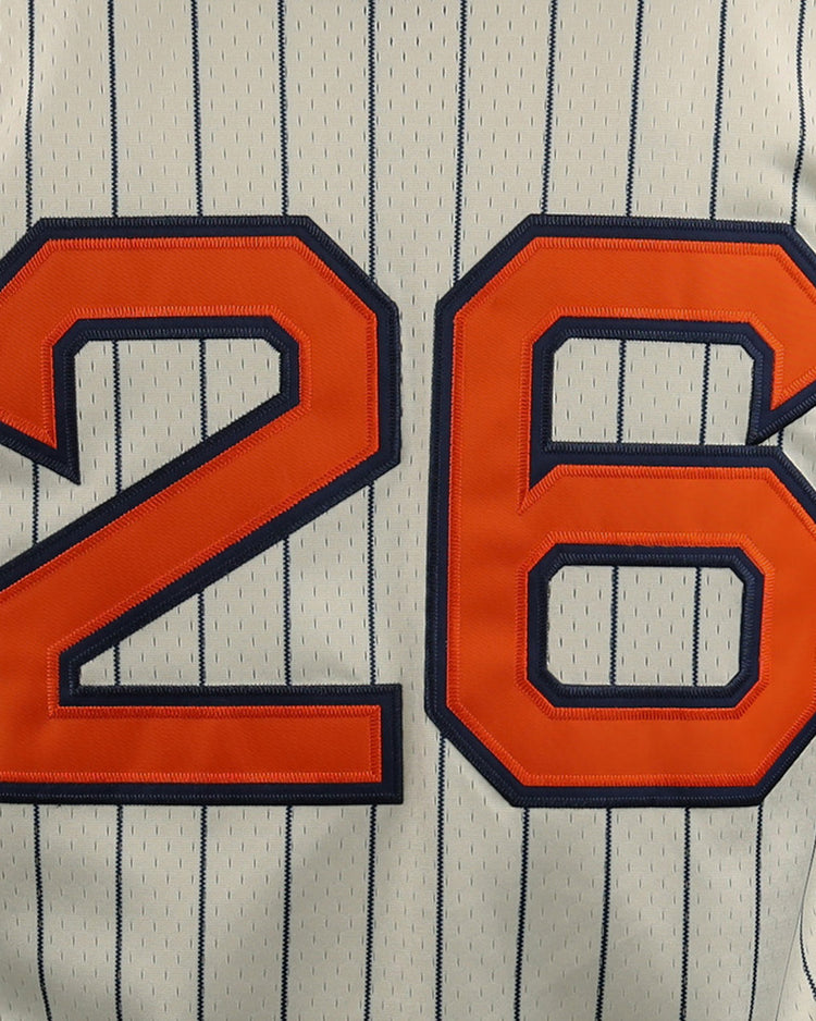 The EFF San Francisco Seals EFF DNA Replica Button-Up Mesh Jersey features a light gray pinstripe design, vintage-inspired by classic Seals jerseys, with a large orange number 26 outlined in navy on the back.