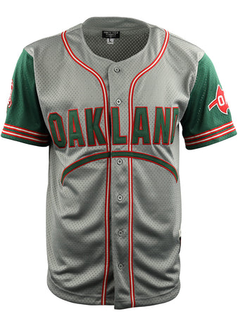 The EFF Oakland Oaks DNA Replica Button-Up Mesh Jersey features a gray body, green sleeves, red and green trim stripes, OAKLAND across the chest, sleeve team patches, and is inspired by classic Pacific Coast League style.