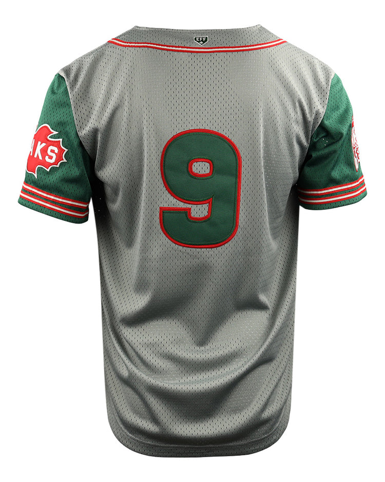 The EFF Oakland Oaks DNA Replica Button-Up Mesh Jersey features gray fabric, green sleeves, red accents, a large red and green number 9 on the back, and a red maple leaf “KS” patch on the left sleeve honoring Puerto Rican baseball greats.