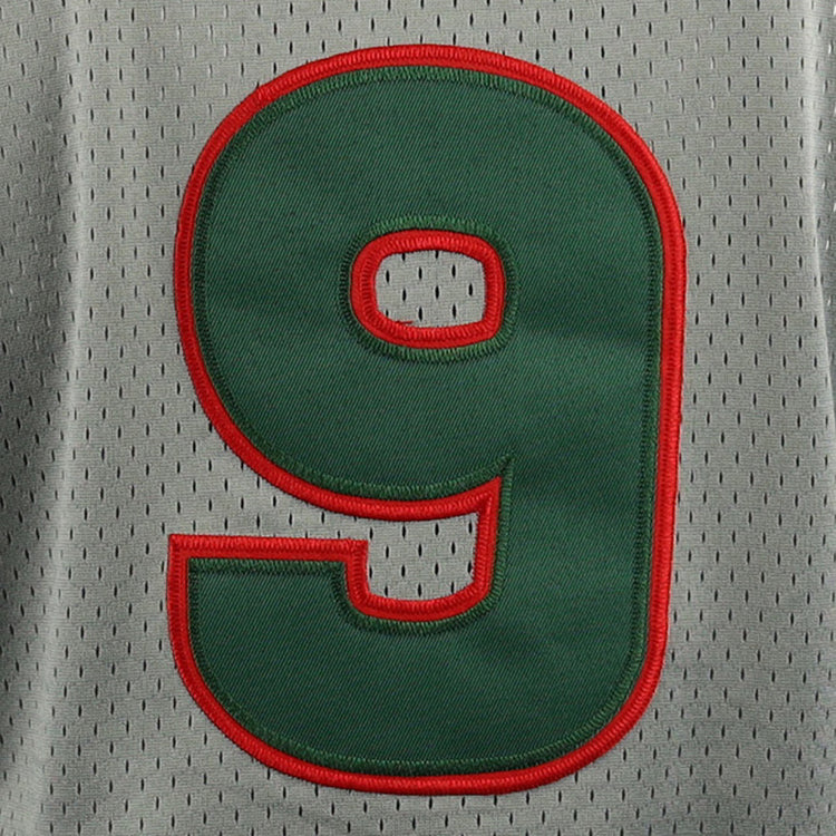 A large green number 9 with a red outline is stitched onto a gray Oakland Oaks EFF DNA Replica Button-Up Mesh Jersey by EFF.
