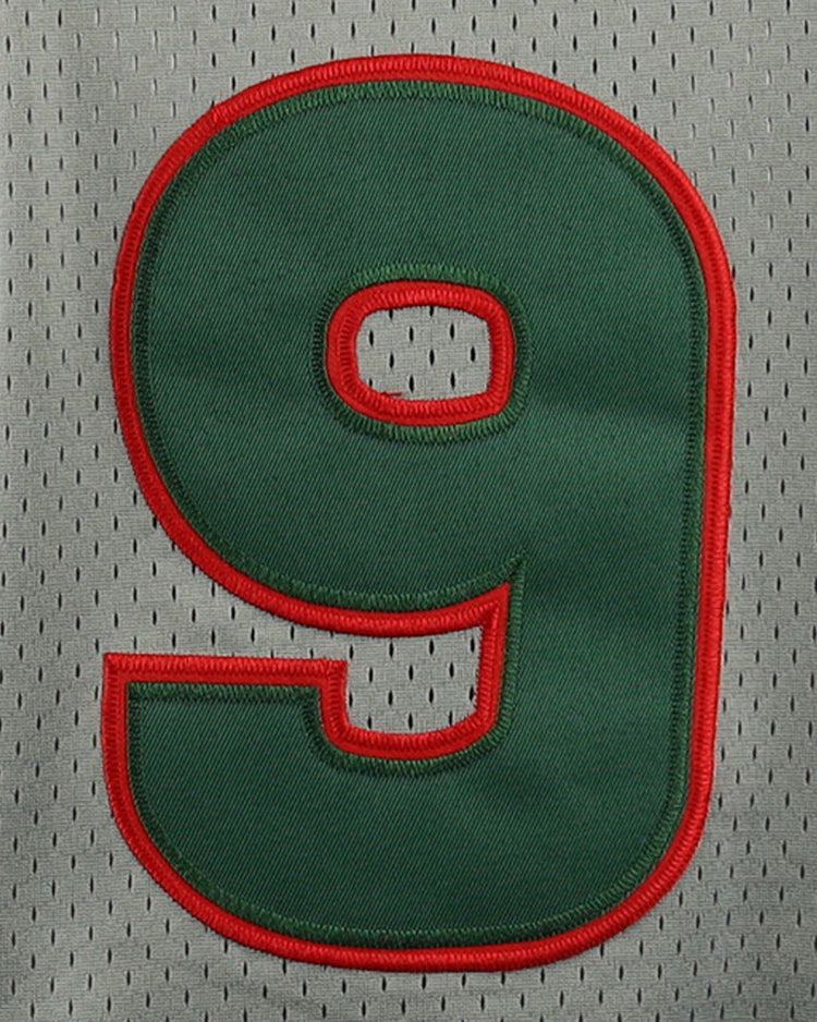 A large green number 9 with a red outline is stitched onto a gray Oakland Oaks EFF DNA Replica Button-Up Mesh Jersey by EFF.