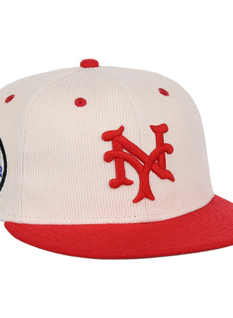The EFF New York Cubans NLB Ground Rule Double Fitted Ballcap is a cream cap with a red brim, 3D NY embroidery, and a circular New York Cubans patch, inspired by Negro National League style.