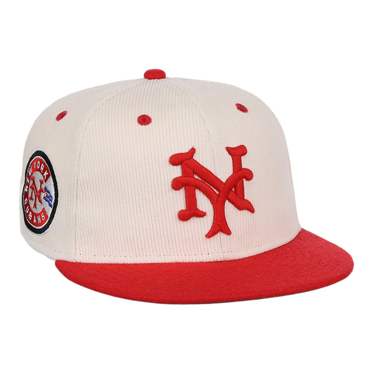 The EFF New York Cubans NLB Ground Rule Double Fitted Ballcap is a cream cap with a red brim, 3D NY embroidery, and a circular New York Cubans patch, inspired by Negro National League style.