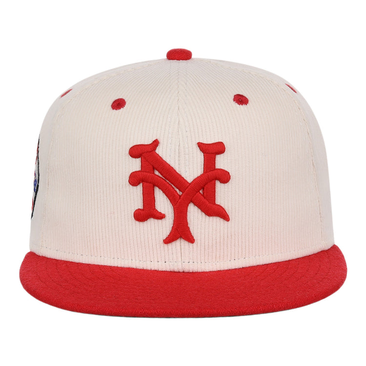 The EFF New York Cubans NLB Ground Rule Double Fitted Ballcap features a cream color, red brim, and bold 3D embroidered NY logo for a vintage Negro League look.