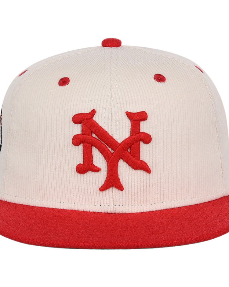 The EFF New York Cubans NLB Ground Rule Double Fitted Ballcap features a cream color, red brim, and bold 3D embroidered NY logo for a vintage Negro League look.