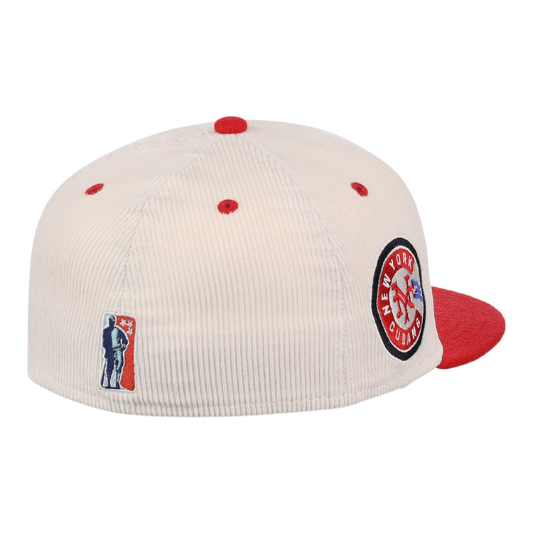 The EFF New York Cubans NLB Ground Rule Double Fitted Ballcap features a cream corduroy design with red accents and brim, a side patch honoring the Negro National League, and an embroidered baseball player logo above the back opening.
