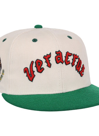 The EFF Veracruz Azules NLB Ground Rule Double Fitted Ballcap features white and green panels, Veracruz in red on the front, and the Mexican national emblem on the side—a classic for true fans.