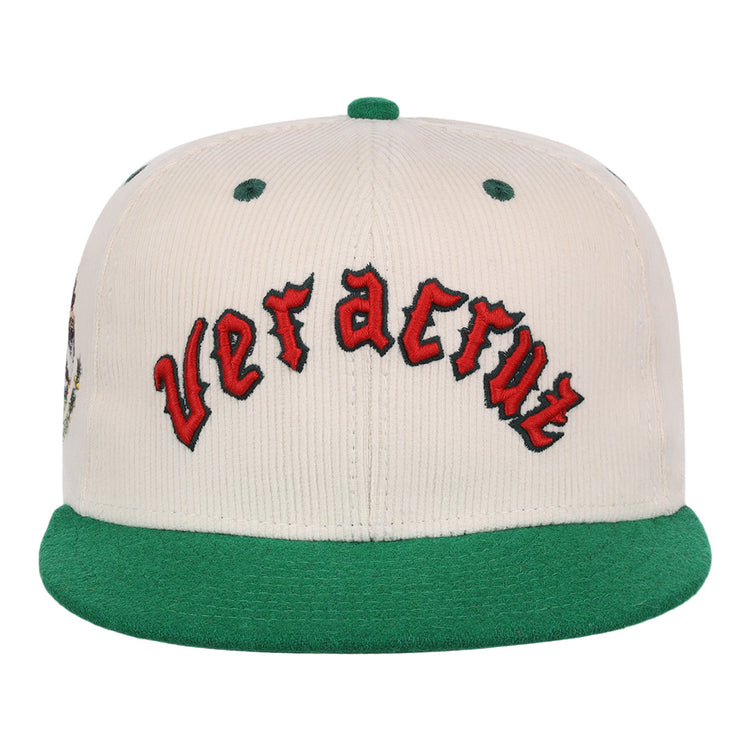 The EFF Veracruz Azules NLB Ground Rule Double Fitted Ballcap features a white crown, green brim, and Veracruz in bold red letters across the front—a perfect fitted cap for Mexican League fans.