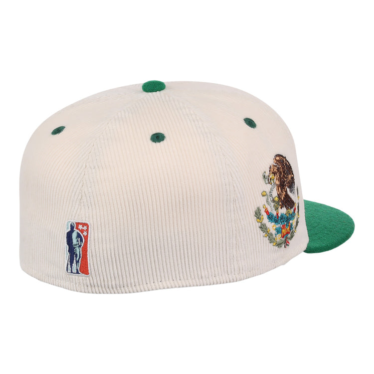 The EFF Veracruz Azules NLB Ground Rule Double Fitted Ballcap features cream corduroy, a green brim, the Mexican coat of arms embroidered on the side, and a silhouetted patch beside red and blue detailing on the back.