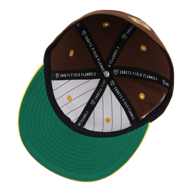 The Cordoba Cafeteros EFF DNA Fitted Ballcap by EFF features brown fabric, a green underbrim, striped white lining, and interior black bands with the Ebbets Field Flannels label—paying homage to classic Mexican League style.