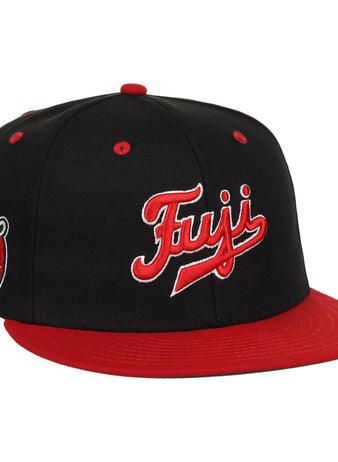 The Fuji Athletic Club EFF DNA Fitted Ballcap by EFF is a vintage-inspired black and red cap featuring bold Fuji embroidery, a round Fuji A.C. logo patch on the side, and a striking red brim and button.