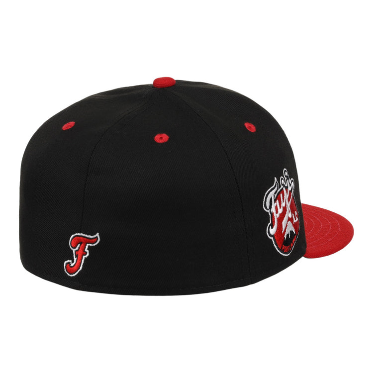 The Fuji Athletic Club EFF DNA Fitted Ballcap by EFF is a black vintage-inspired cap with red brim, button, and eyelets. It features embroidered logos—a stylized F and a Fury text patch—on the front.