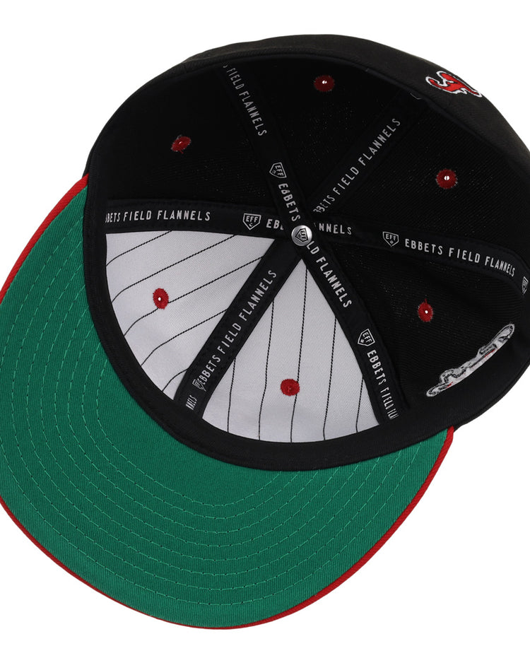 The Fuji Athletic Club EFF DNA Fitted Ballcap by EFF features a green underbill, red stitching, black lining with an EFF label, red accents, and a silver sticker inside for vintage-inspired style.