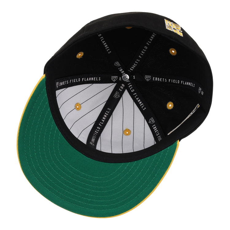 Inside view of the Osaka Tigers EFF DNA Fitted Ballcap by EFF, featuring a green undervisor, yellow eyelet stitching, grey pinstriped sweatband, and Ebbets Field Flannels text on the inner seams.
