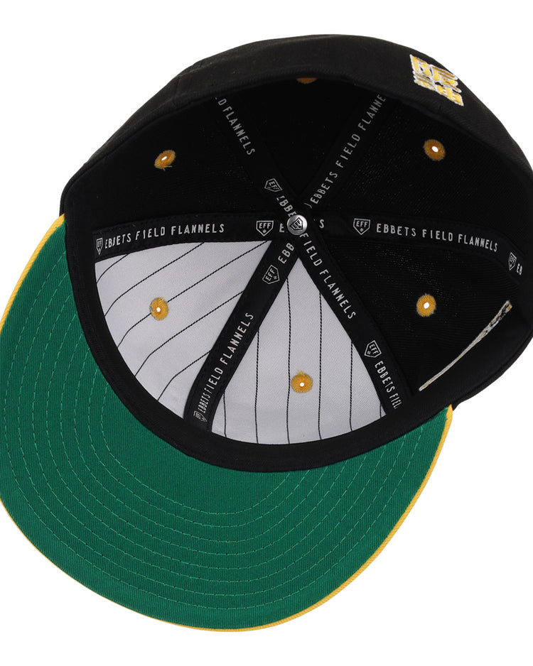 Inside view of the Osaka Tigers EFF DNA Fitted Ballcap by EFF, featuring a green undervisor, yellow eyelet stitching, grey pinstriped sweatband, and Ebbets Field Flannels text on the inner seams.
