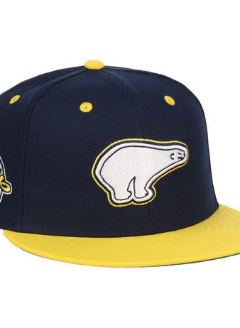 The EFF Cerveceria Polar EFF DNA Fitted Ballcap is a navy blue and yellow vintage-style cap with a white polar bear logo on the front, a Cuban Amateur League patch on the side, and a bright yellow bill and button.