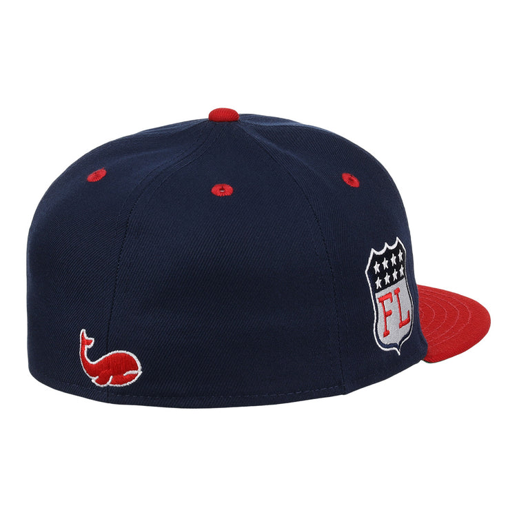 The Chicago Whales EFF DNA Fitted Ballcap by EFF is a vintage-inspired navy cap with a red brim and button, classic Whales side logo, and embroidered shield featuring stars and FL.