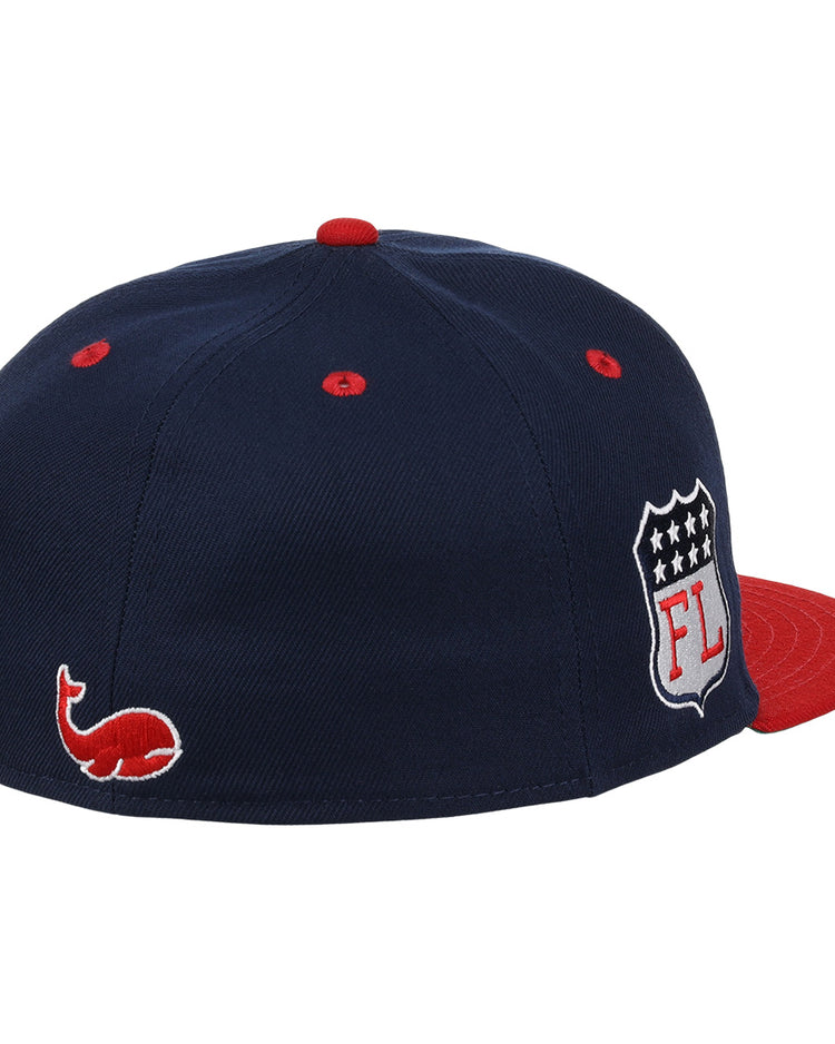 The Chicago Whales EFF DNA Fitted Ballcap by EFF is a vintage-inspired navy cap with a red brim and button, classic Whales side logo, and embroidered shield featuring stars and FL.