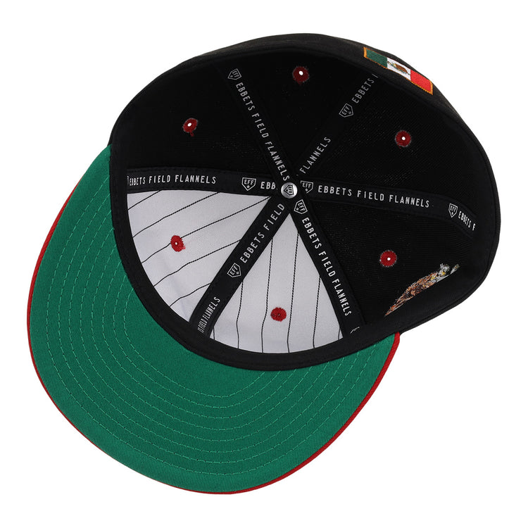 The Mexico Diablos EFF DNA Fitted Ballcap by EFF has a green brim, black interior, red stitching, vintage-inspired branding, and a Mexican League flag patch. EBBETS FIELD FLANNELS is featured inside.