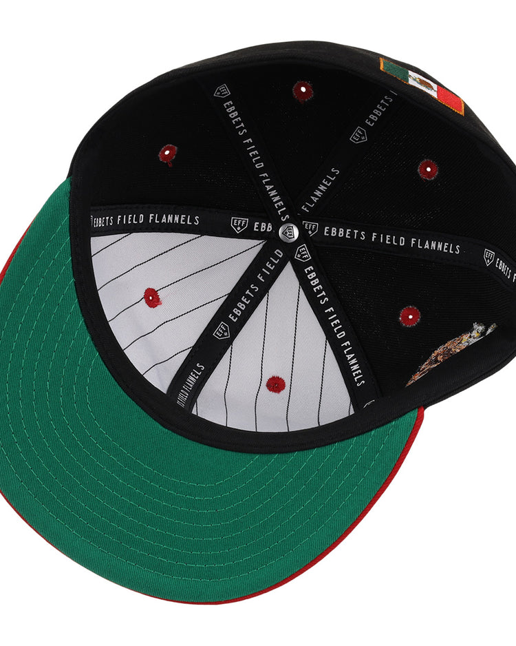 The Mexico Diablos EFF DNA Fitted Ballcap by EFF has a green brim, black interior, red stitching, vintage-inspired branding, and a Mexican League flag patch. EBBETS FIELD FLANNELS is featured inside.