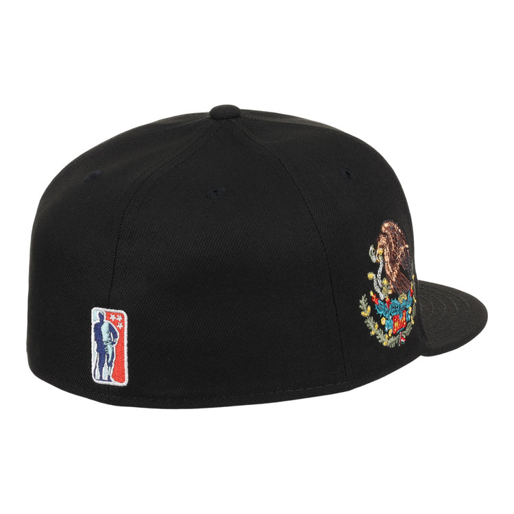 The EFF Veracruz Azules NLB Team Color Fitted Ballcap is black with an embroidered Mexico coat of arms on the side and a small red, white, and blue baseball player logo near the back.