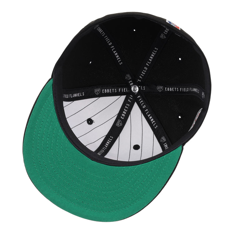 The EFF New York Cubans NLB Team Color Fitted Ballcap features a green under brim, white pinstripe interior, black panels, “Ebbets Field Flannels” on the sweatband, and a 3D NY logo honoring the Negro National League legacy.