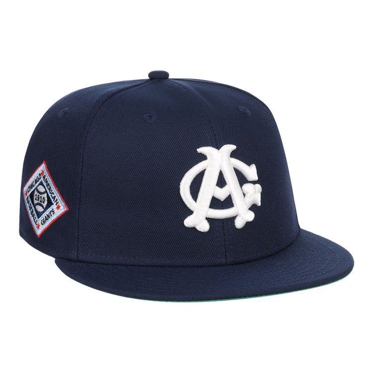 The EFF Chicago American Giants NLB Team Color Fitted Ballcap features a navy crown, flat brim, white AC logo on the front, and a red, white, and blue side patch—perfect for collectors.