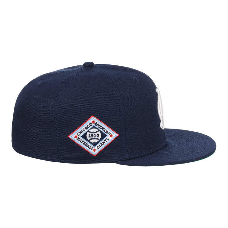 The EFF Chicago American Giants NLB Team Color Fitted Ballcap is a navy cap with a white embroidered logo, diamond patch reading Chicago Americans Baseball Giants 1920, and vintage-inspired fitted style.