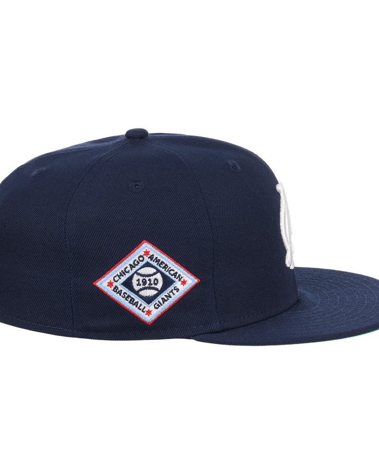 The EFF Chicago American Giants NLB Team Color Fitted Ballcap is a navy cap with a white embroidered logo, diamond patch reading Chicago Americans Baseball Giants 1920, and vintage-inspired fitted style.
