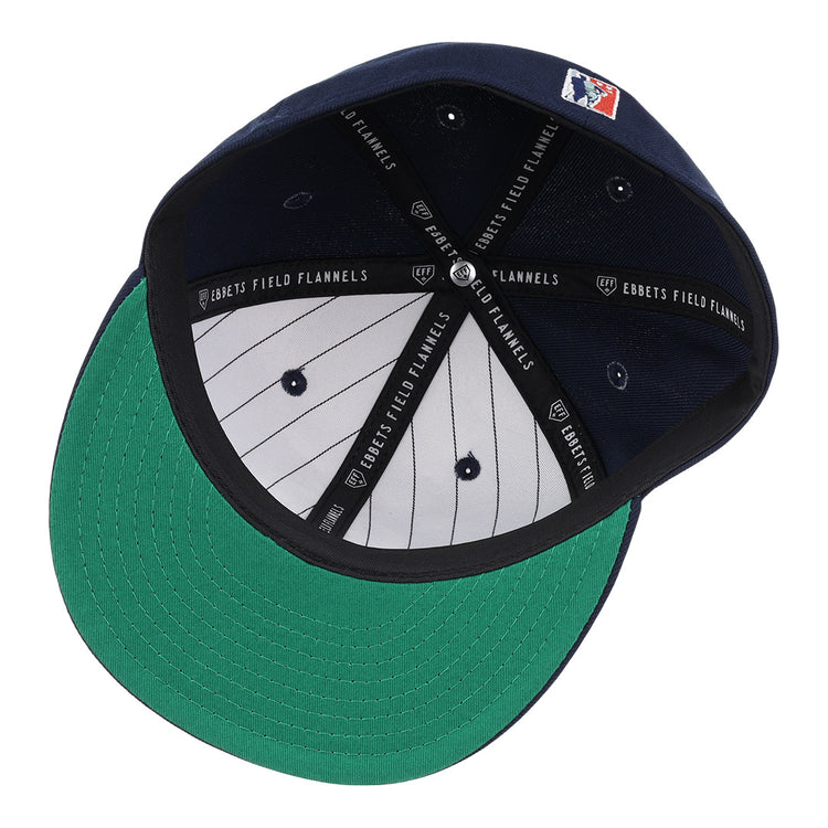 The Chicago American Giants NLB Team Color Fitted Ballcap by EFF features a navy crown, green underbrim, white pinstriped lining, black EFF-branded bands, and an MLB patch.