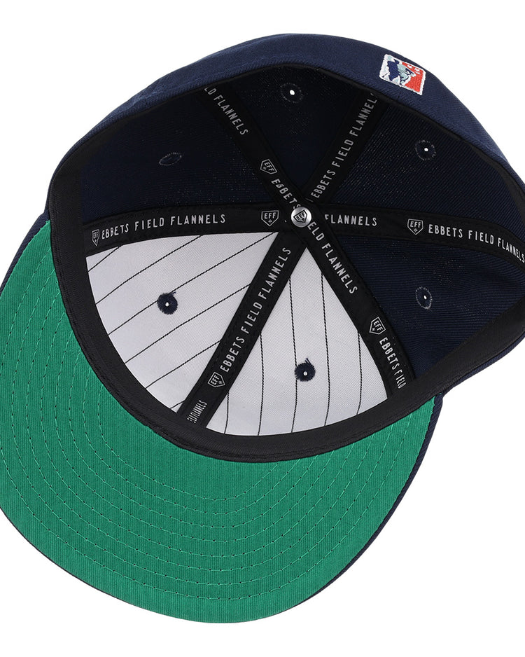 The Chicago American Giants NLB Team Color Fitted Ballcap by EFF features a navy crown, green underbrim, white pinstriped lining, black EFF-branded bands, and an MLB patch.